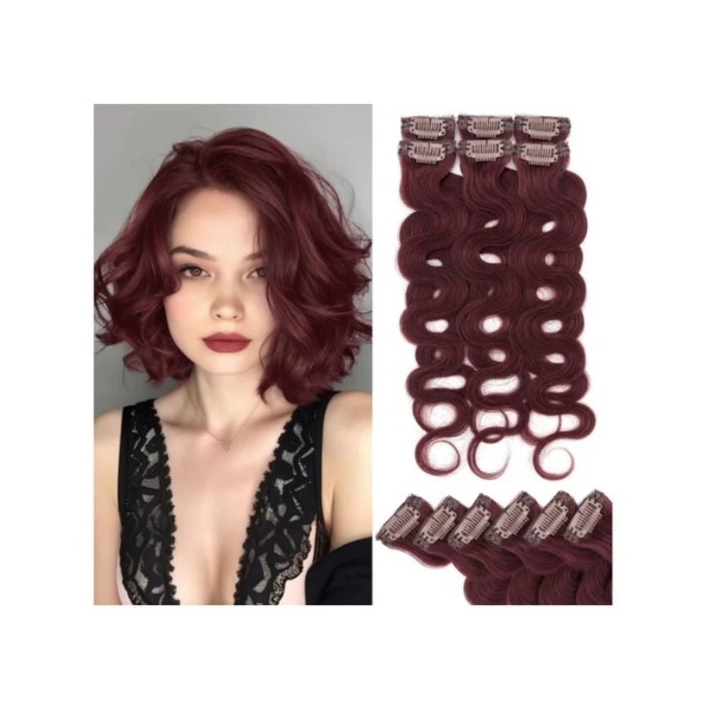 Rich Choices 12" Clip In Human Hair Extensions 3pc Wavy Burgundy Red #99J Remy